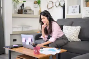 Support engineer wearing a headset on a video call