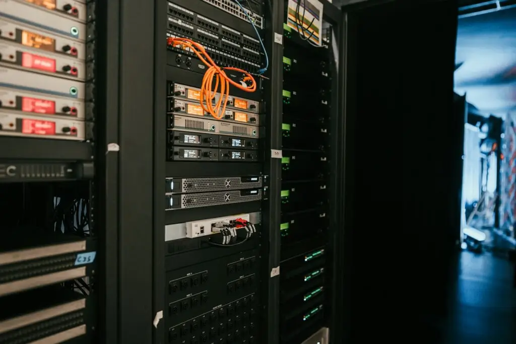 Rack of servers in a server room, representing secure business backup infrastructure